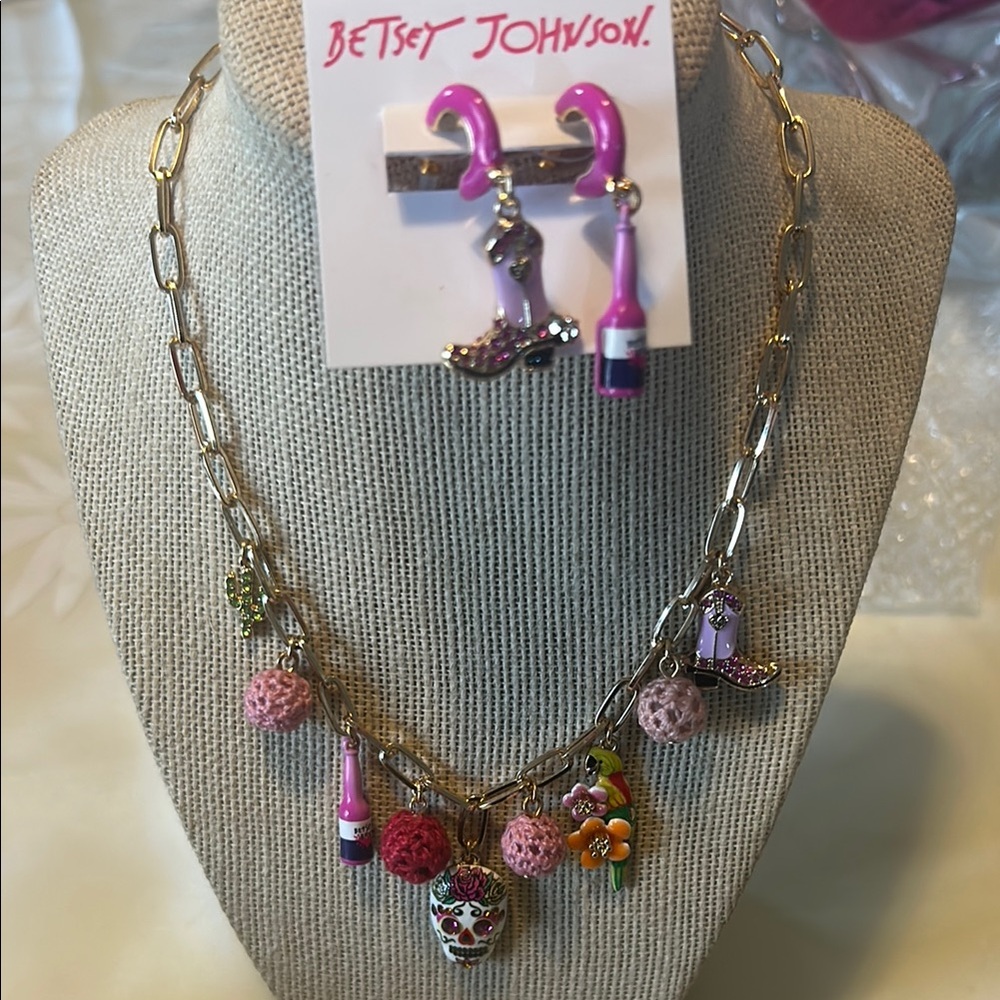 Betsey Johnson Pink and Gold Charm Jewelry Set